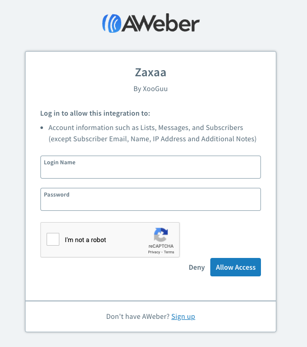 AWeber Login Window