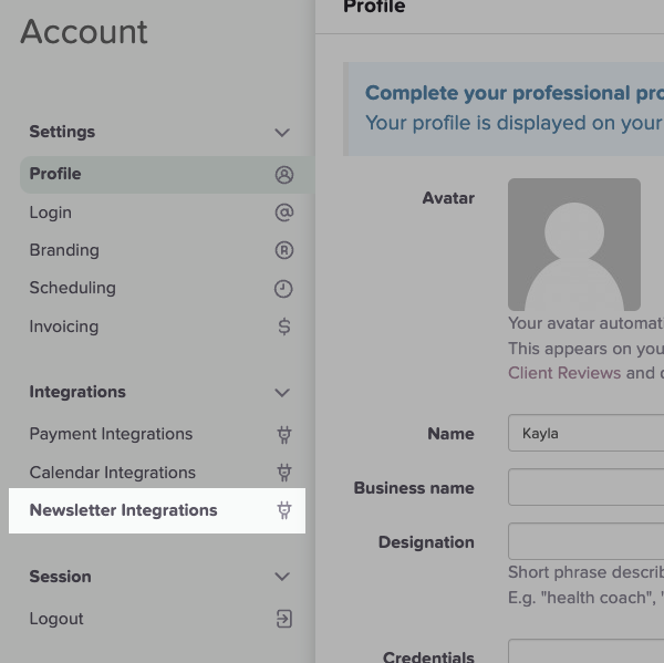 Newsletter Integrations tab