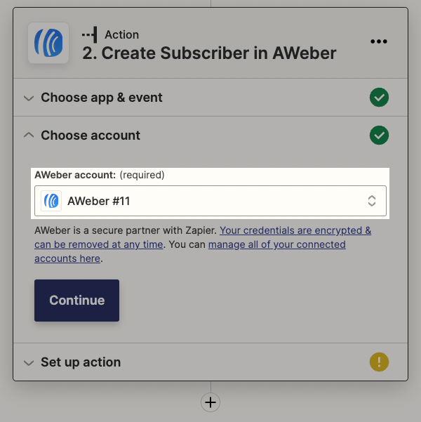 Select or connect AWeber account