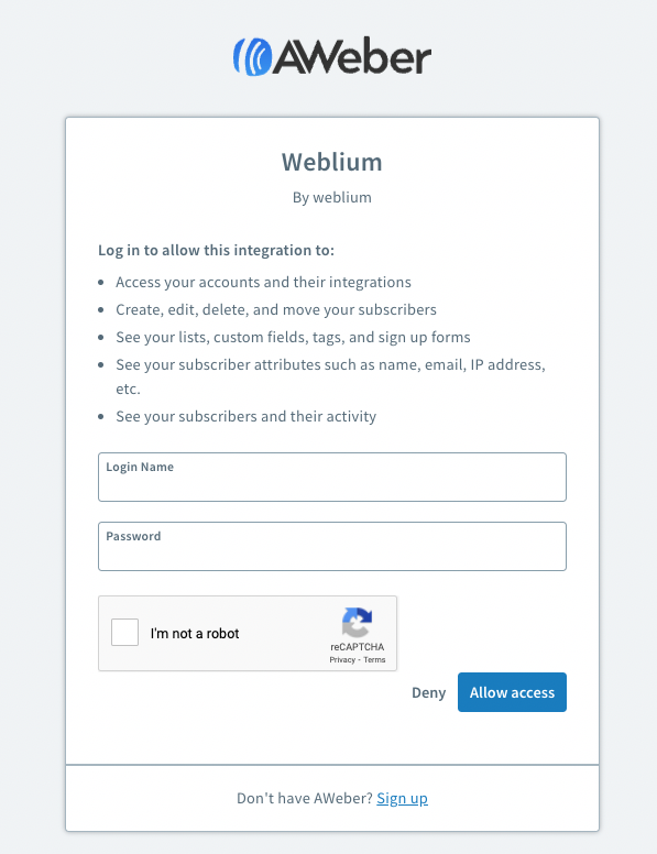 AWeber Login Window