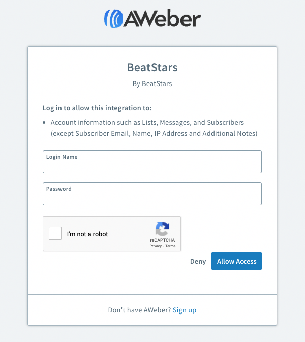AWeber Login Window
