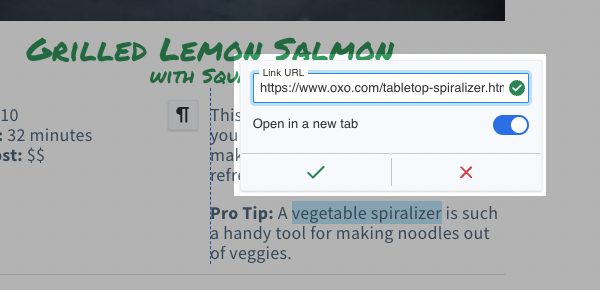 Window to add link to highlighted text