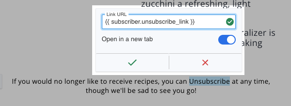 pop-up menu to hyperlink unsubscribe snippet