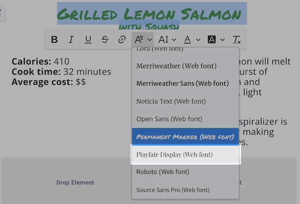 The font Playfair Display selected in dropdown menu