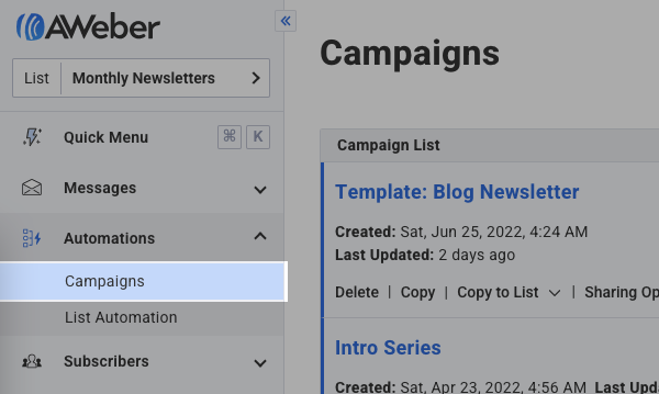 Click Campaigns under the Automations dropdown