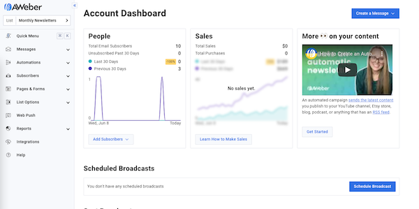 Customer account dashboard