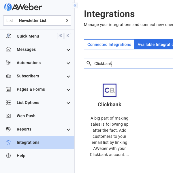 Search Clickbank from Available Integrations