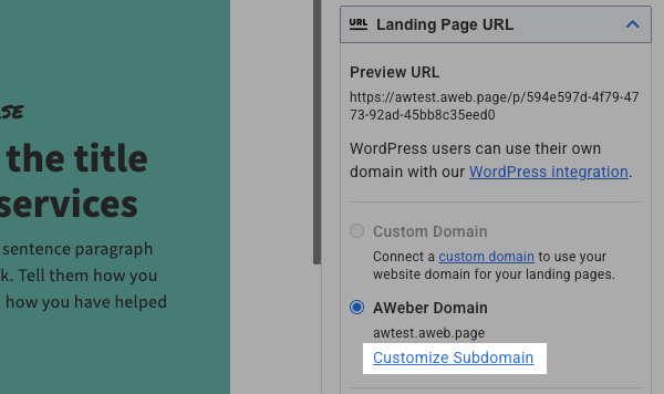 Click Customize Subdomain
